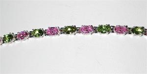 Sterling Silver "Classic Style" Pink & Green Tennis Bracelet