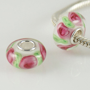 Pink and Green Rose Murano Glass Bead
