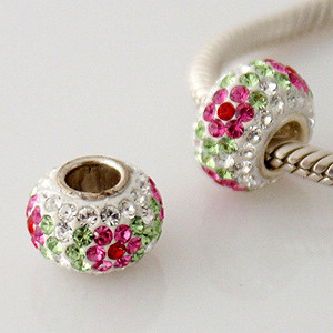 Pink Flowers Sterling Silver Swarovski Crystal Bead